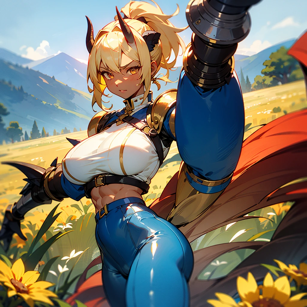 1girl, ((blonde hair)), (gold eyes), ((big red horns)), {{dark skin}}, ({dark skinned female}), gigantic breasts, thick thighs, translucent blue veins on the body, strong abdominal muscles, strong leg muscles, strong arm muscles, ponytail hairstyle, wearing a blue coat with rolled up sleeves, steel belly heavy armor, leather pants, leather steel gloves, wide a leather belt with gold yarn walks through a flower meadow against the backdrop of distant high mountains,