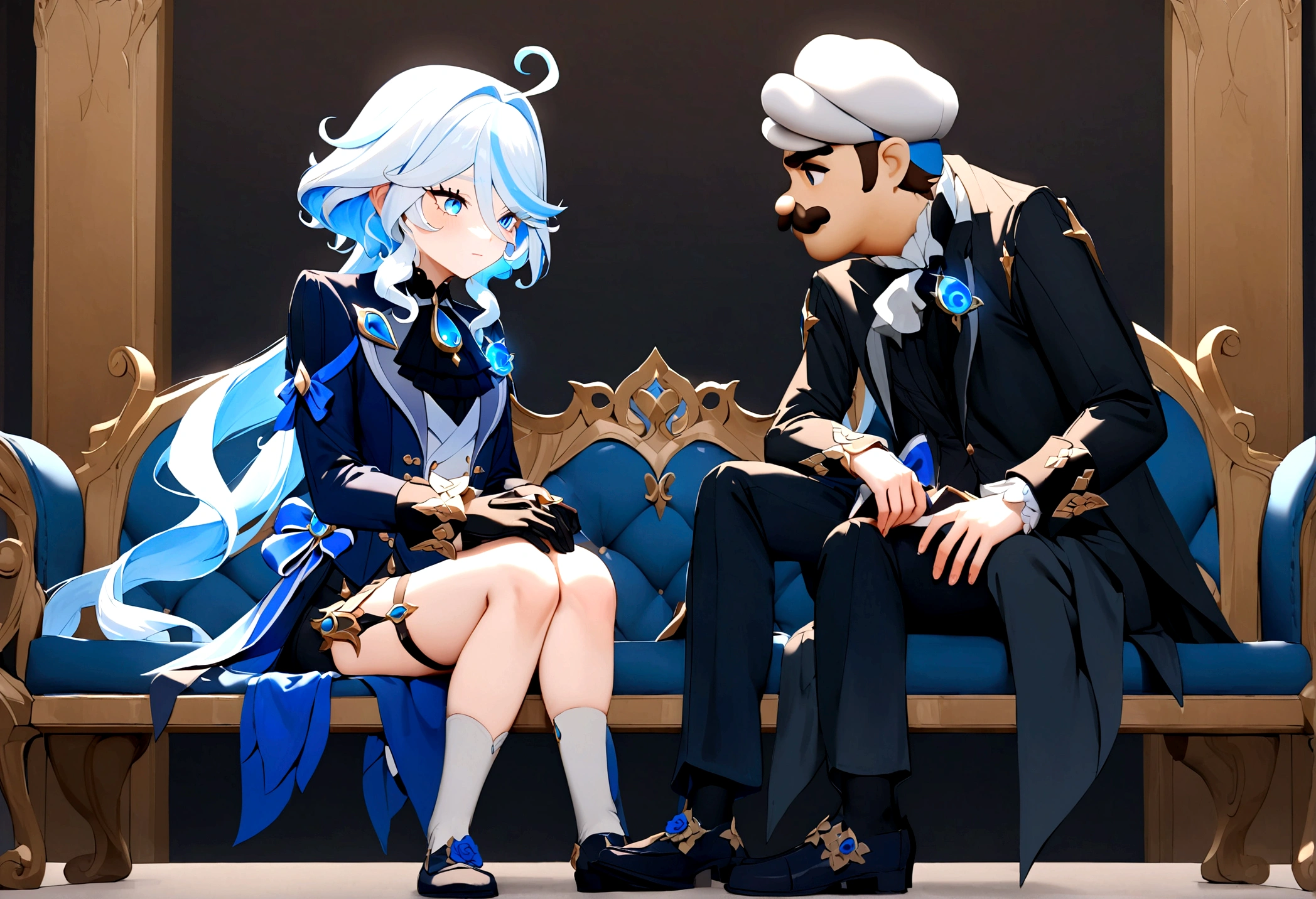 Furina from genshin Impact who is sitting on a bench and on the other hand Luigi with an elegant black suit who is standing next to Furina from genshin Impact.