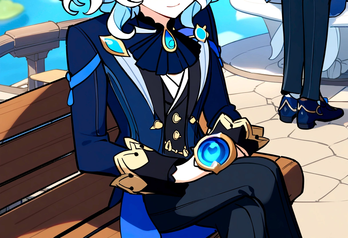 Furina from genshin Impact who is sitting on a bench and on the other hand Luigi with an elegant black suit who is standing next to Furina from genshin Impact.