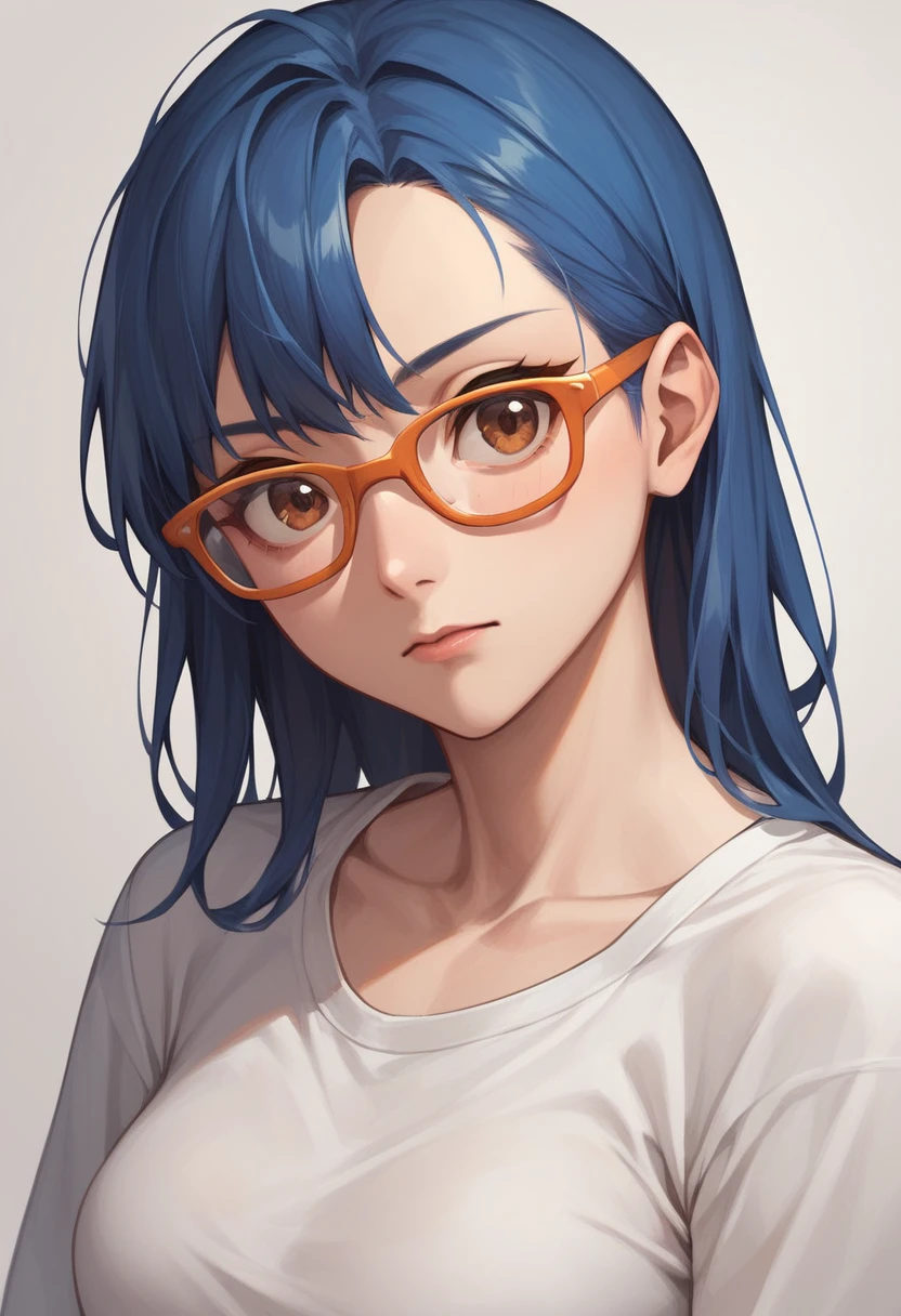 masterpiece, top quality, high quality, 1 , Sall, blue hair, Brown eyes, Japanese , Orange glasses, large burn on the right side of the face