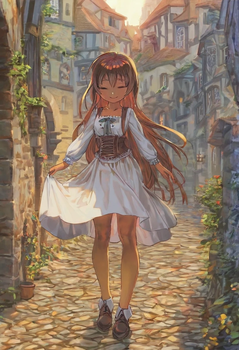 1girl,	(anime coloring:1./2),	perfect_anatomy,	best quality,	anime scene,	otherworldly,	downturned eyes,	cool beauty,	beautiful_hair,	straight hair,	white long hair,	slim,	slender,	feminine,	heartwarming smile,	german clothes,	standing,	demacia city,	Old town atmosphere,	Medieval town,	Traditional dress,