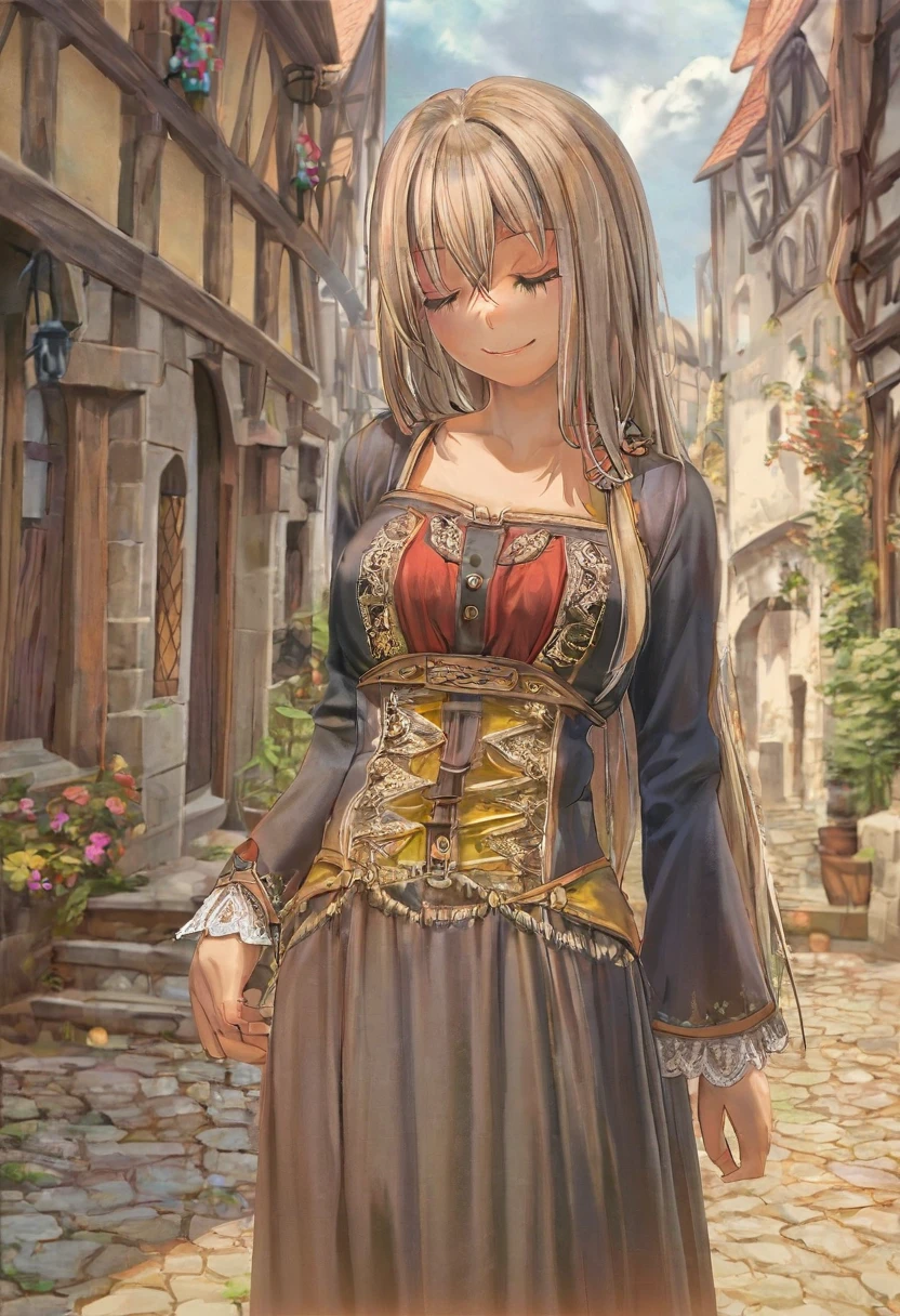 1girl,	(anime coloring:1./2),	perfect_???????,	best quality,	anime scene,	otherworldly,	downturned eyes,	cool beauty,	beautiful_hair,	straight hair,	white long hair,	slim,	slender,	feminine,	heartwarming smile,	german clothes,	standing,	demacia city,	Old town atmosphere,	Medieval town,	Traditional dress,