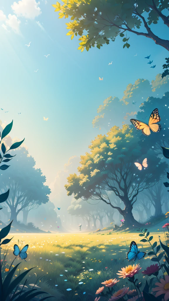 A green wide meadow with lots of beautiful butterflies flying in the air..mystical style, with bright colors and 8k utra wallpaper