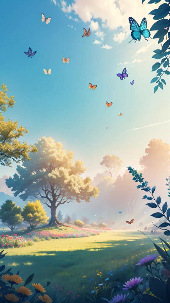 A green wide meadow with lots of beautiful butterflies flying in the air..mystical style, with bright colors and 8k utra wallpaper