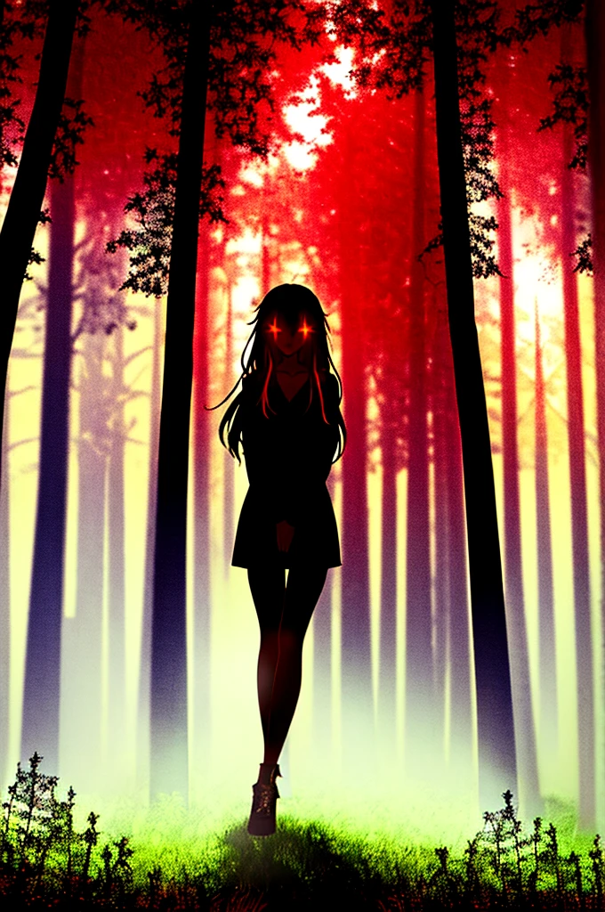 masterpiece, best quality, (silhouette:1.1), long hair, glowing eyes, forest, star (sky), pov, red background, (crossed legs:1.3),