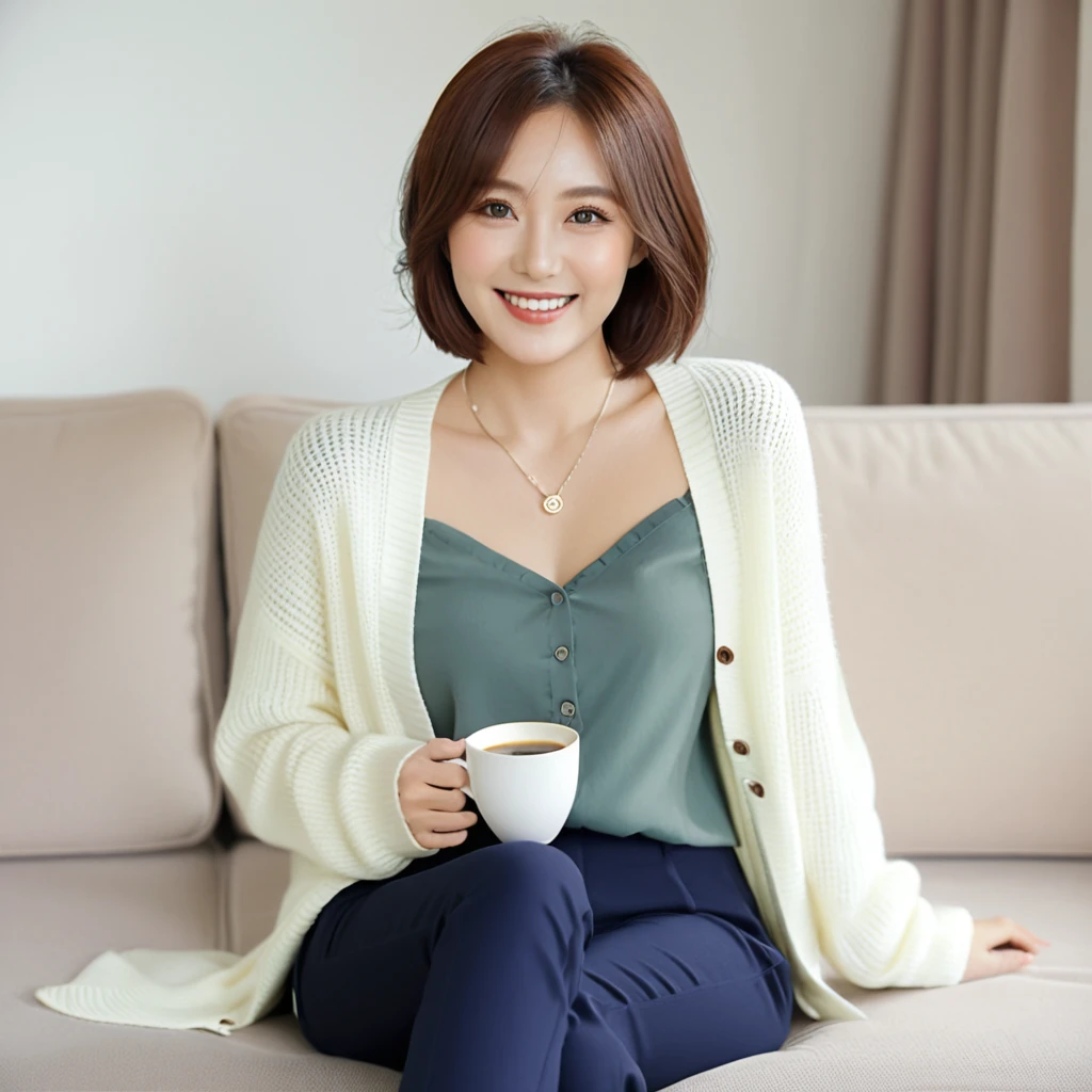 beautiful korean woman , 32 inch chest size, Your eyes are big and pretty. Wearing a cardigan with a blouse, casual pants, short medium hair, Smile. necklace, sit on the sofa and drink coffee, porcelain coffee cup, uhd