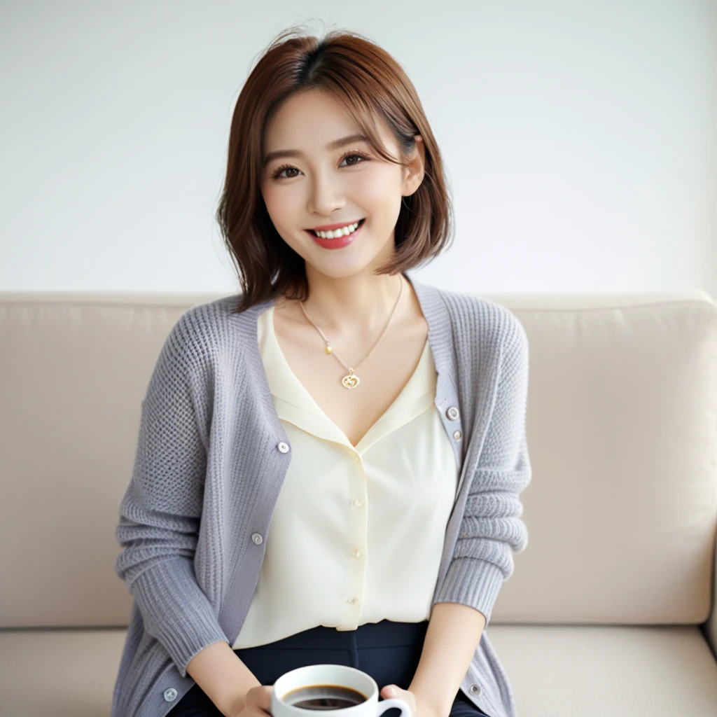 beautiful korean woman , 32 inch chest size, Your eyes are big and pretty. Wearing a cardigan with a blouse, casual pants, short medium hair, Smile. necklace, sit on the sofa and drink coffee, porcelain coffee cup, uhd