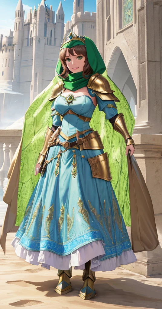 masterpiece, best quality:1.2), 1girl, smile, looking at viewer, green eyes, short brown hair, princess, armor, blue hijab headscarf, pauldrons, armored dress, green cloak cape, wearing puffy blue ballgown skirt, golden tiara with green gem, armored boots, fingerless gloves, standing in front of desert castle