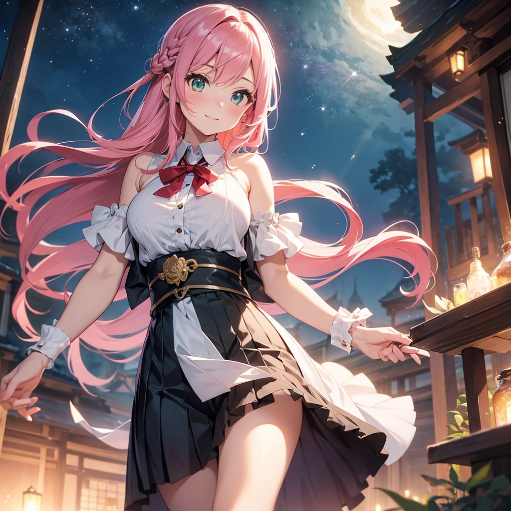 Aria exudes a radiant allure, her pink locks styled in an artful tangle of braided strands that cascade down her supple back like the gentle ripples of a calm lake. The crimson ribbon adorning her hair sparks a flame of passion against her pale skin, contrasting beautifully with the pristine white pleats of her skirt. She stands proud and confident, a delicate lotus blooming amidst the bustling city, drawing envious glances as her lush curves defy gravity in their perfectly tailored attire. Her emerald orbs glimmer with curiosity and wisdom, reflecting the vast expanse of the night sky above, while her rosebud lips curve in a coy grin, beckoning the bold and fearless alike to venture closer and lose themselves in the depths of her captivating gaze.
(masterpiece), best quality, expressive eyes, perfect face, Pink Hair, Long Hair, Braided strands, Red Ribbon, Elegant, Japanese Influences, Black Short Dress, White Pleated Skirt, Black Top, Red Bow, Curvy, Busty, Big Green Eyes, Cat Eyes, Innocent Facial Features, Blush, Cute Face, Playful Smile, short stack, 32B/24W/34H,