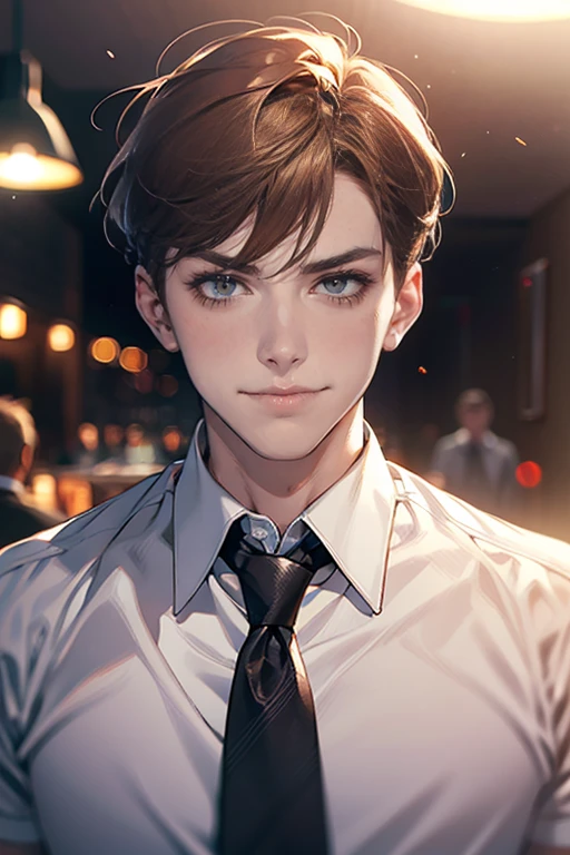 (tmasterpiece, high resolution, ultra - detailed:1.0), (1 male, masculine face, 31 years, CEO), Perfect male body, tall and strong, Adult male, Delicate eyes and delicate face, Extremely detailed CG, Unity 8k wallpaper, Complicated details, Detailed face, (short brown hair, short  hair, smile in love faces, blur eyes, white shirts,), (frown, smile in love:1.3), stad in corporativo, empresa, escritório style, color difference, Depth of field, dramatic shadow, Ray tracing, Best quality, Cinematic lighting, offcial art,Portrait