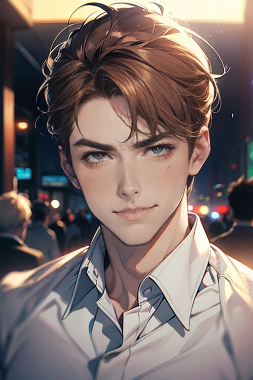 (tmasterpiece, high resolution, ultra - detailed:1.0), (1 male, masculine face, 31 years, CEO), Perfect male body, tall and strong, Adult male, Delicate eyes and delicate face, Extremely detailed CG, Unity 8k wallpaper, Complicated details, Detailed face, (short brown hair, short hair, smile in love faces, blur eyes, white shirts,), (frown, smile in love:1.3), stad in corporativo, empresa, escritório style, color difference, Depth of field, dramatic shadow, Ray tracing, Best quality, Cinematic lighting, offcial art,Portrait