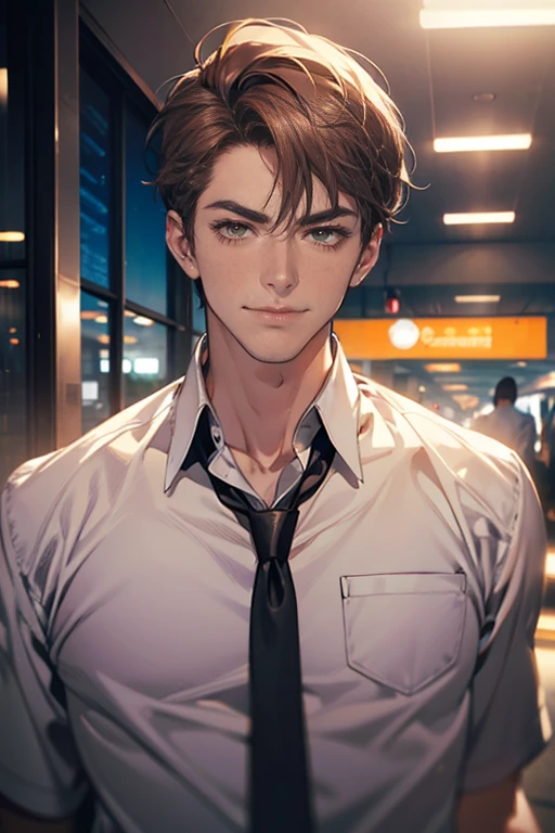 (tmasterpiece, high resolution, ultra - detailed:1.0), (1 male, masculine face, 31 years, CEO), Perfect male body, tall and strong, Adult male, Delicate eyes and delicate face, Extremely detailed CG, Unity 8k wallpaper, Complicated details, Detailed face, (short brown hair, short hair, smile in love faces, blur eyes, white shirts,), (frown, smile in love:1.3), stad in corporativo, empresa, escritório style, color difference, Depth of field, dramatic shadow, Ray tracing, Best quality, Cinematic lighting, offcial art,Portrait