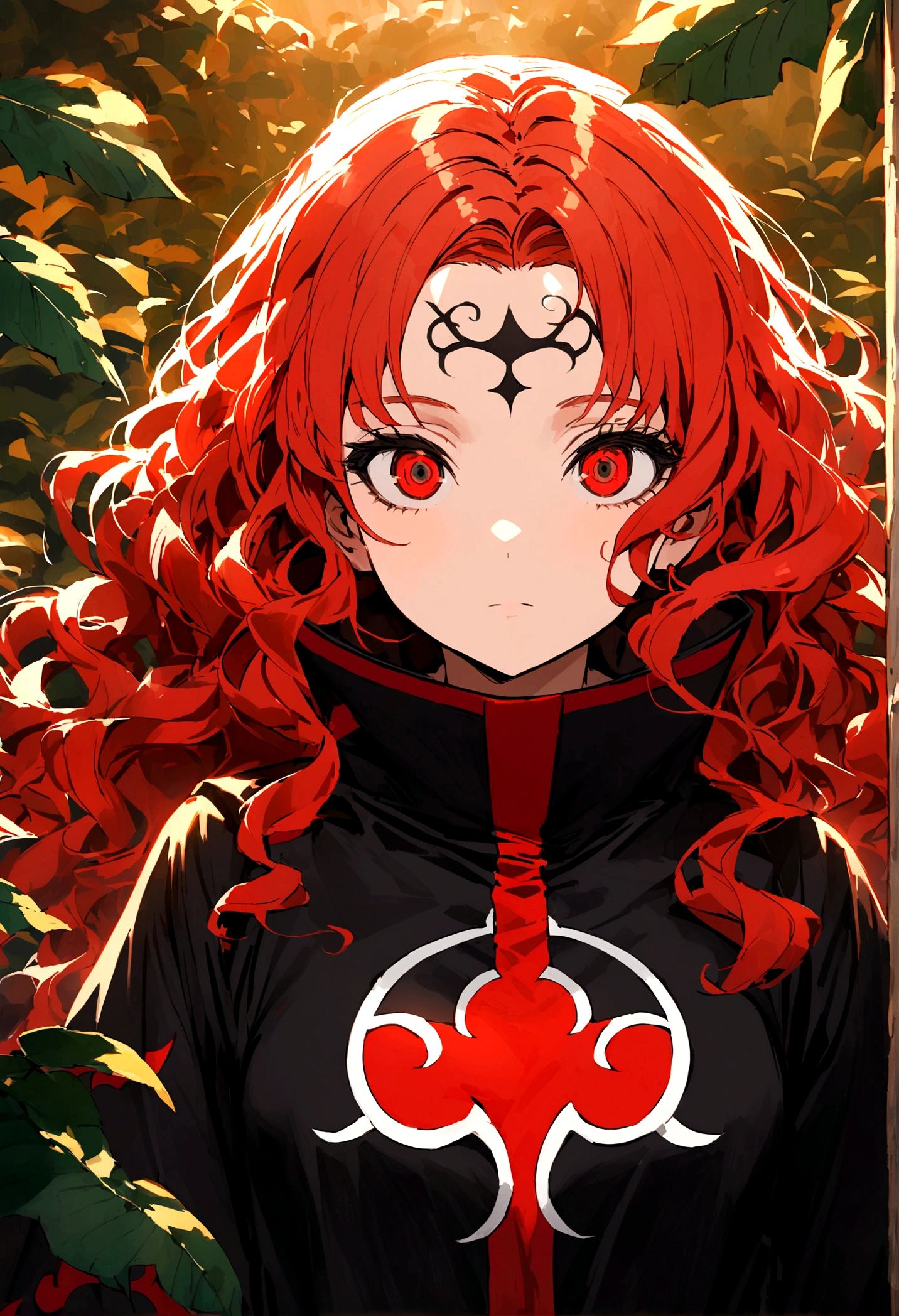Redhead girl with wavy hair, with black eyeliner, visiting akatsuki outfit, with the sharingan in both eyes, On his forehead he wears a band with the village plaque between the leaves, She is facing the camera and behind her there is a red crocodile-shaped susan 
