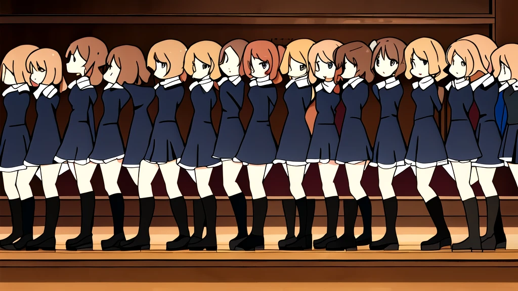 masterpiece, Highest quality, High resolution, 10+girl, crowd, Identical twin sisters, clone, An orderly line of sisters, An orderly line of sisters, Sisters in a row, uniform, Matching outfits, Long Hair, Curly Hair, ponytail, Matching hairstyle, Hazel Eyes, Brown Hair, Black tie, Blue Ribbon, Brown Skirt, salute, smile, indoor, Group shot, whole body, Panty shot, Black high heels