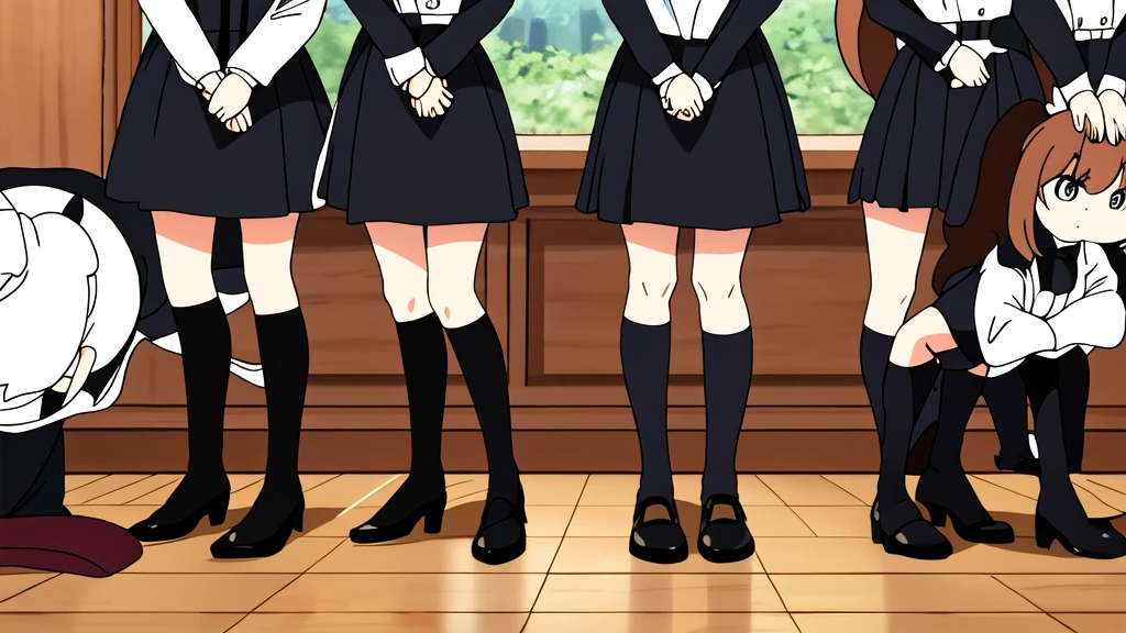 masterpiece, Highest quality, High resolution, 10+girl, crowd, Identical twin sisters, clone, An orderly line of sisters, An orderly line of sisters, Sisters in a row, uniform, Matching outfits, Long Hair, Curly Hair, ponytail, Matching hairstyle, Hazel Eyes, Brown Hair, Black tie, Blue Ribbon, Brown Skirt, salute, smile, indoor, Group shot, whole body, Panty shot, Black high heels