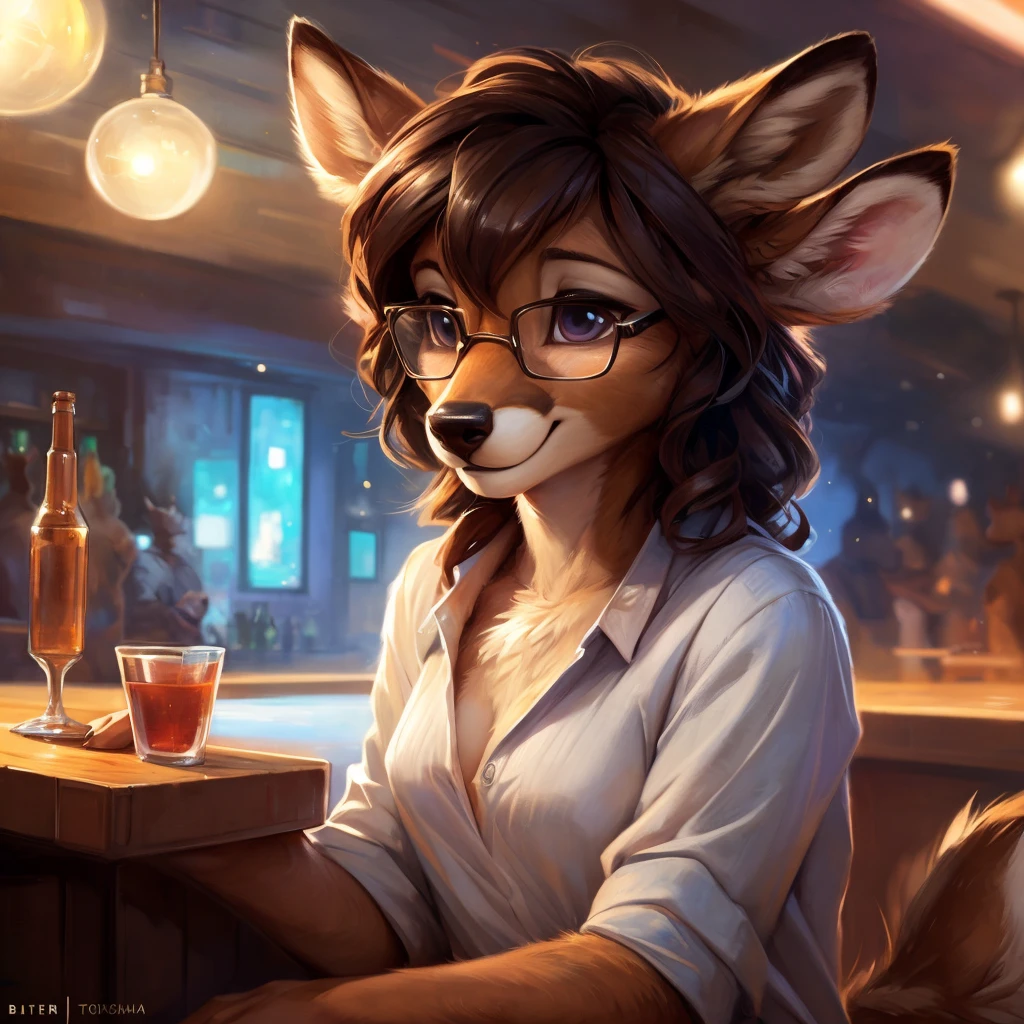 uploaded on e621, by Pixelsketcher, by Bayard Wu, by Thomas Benjamin Kennington , by Einshelm, by hioshiru and kenket, Chunie, portrait, solo anthro female deer doe, tiny featureless breasts, tiny breasts, clear dark blue, cinematic lighting, sitting on a bar counter, sitting inside at a party bar, night club background, shiny, short curly dark brown hair, shoulder length hair, wears big black nerd glasses, very very beautiful furry art, furry art, thoughtful, shiny, feminine, cute face, muzzle, fluffy chest, flawless face, Fallow deer, 1girl, Sakimichan is beautiful, Masterpiece, Wavethesallow Face, shiny, Detailed image, Detailed background, portrait, Detailed image, portrait, wears pure white wide, big blouse, shiny, realistic face, perfect anatomy, hourglass body, anthropomorphic deer, happy, very happy, small ears, huge black nerd glasses, wide happy eyes, smiles, big smile, holdind a cocktail glass, hourglass body, (furry body:1.1), anthropomorphic deer, small fluffy tail, detailed background, (cute anatomy:1.1), looks into the distance, sexy, sexy look