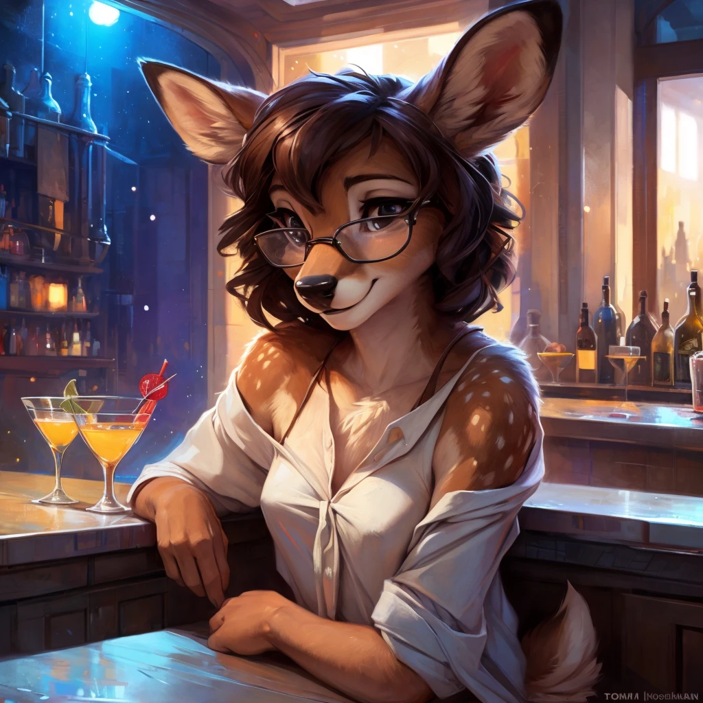 uploaded on e621, by Pixelsketcher, by Bayard Wu, by Thomas Benjamin Kennington , by Einshelm, by hioshiru and kenket, Chunie, portrait, solo anthro female deer doe, tiny featureless breasts, tiny breasts, clear dark blue, cinematic lighting, sitting on a bar counter, sitting inside at a party bar, night club background, shiny, short curly dark brown hair, shoulder length hair, wears big black nerd glasses, very very beautiful furry art, furry art, thoughtful, shiny, feminine, cute face, muzzle, fluffy chest, flawless face, Fallow deer, 1girl, Sakimichan is beautiful, Masterpiece, Wavethesallow Face, shiny, Detailed image, Detailed background, portrait, Detailed image, portrait, wears pure white wide, big blouse, shiny, realistic face, perfect anatomy, hourglass body, anthropomorphic deer, happy, very happy, small ears, huge black nerd glasses, wide happy eyes, smiles, big smile, holdind a cocktail glass, hourglass body, (furry body:1.1), anthropomorphic deer, small fluffy tail, detailed background, (cute anatomy:1.1), looks into the distance, sexy, sexy look
