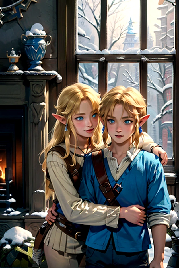 ((artwork)), (Highest quality), (detailed), ((1 boy)), (Link to the Legend of Zelda), smile, A short blonde, blue-eyed boy and a long-haired blonde girl are embracing each other in front of a fireplace、Snow outside the window