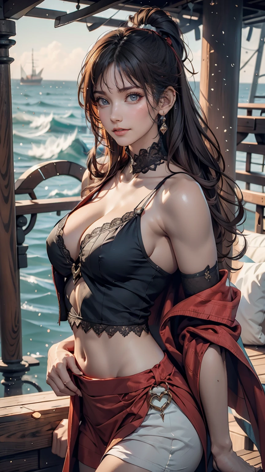 Gorgeous pirate girl on a pirate ship at sea, sexy girl, Short curly dark blonde hair, Oily skin, sexy masterpiece, Highest quality, Highest quality, High resolution, Very detailed, 8K, Athletic and healthy body, mischief, Perfect hands, Fine hand, Perfect Eyes, Fine grain, Frivolous, sexy, Realistic, High resolution, 超High resolution, dynamic, small , Cleavage, Intricate details, Pirate outfit, Piercing blue eyes, bright aqua blue eyes