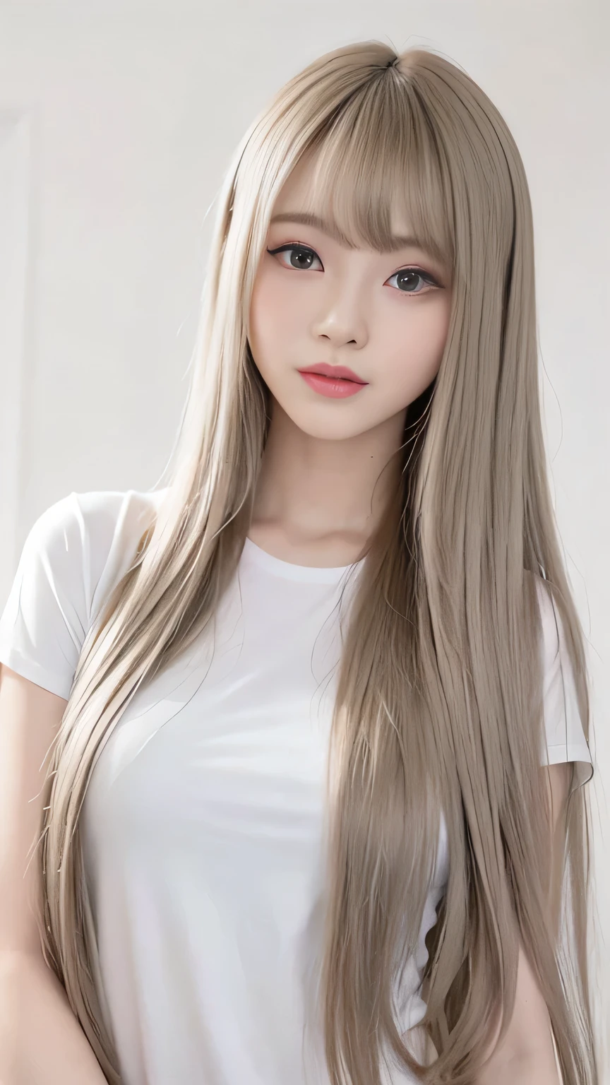 Silver Shiny Hair、Super long straight silky hair、Dazzling blonde, super long, silky hair、 cute little beautiful face、Beautiful girl、A radiant blonde dancing in front of a beautiful face、length, Silky bangs that cover the area between the eyes、so beautiful, bright, big, bright青い目、Very big eyes、Hair that hides the face、Sexy and cute young woman with super long bangs、Very white skin、Cheek Gloss Highlighter、Small Face Beauty、Cute Shirts、Ample Bust