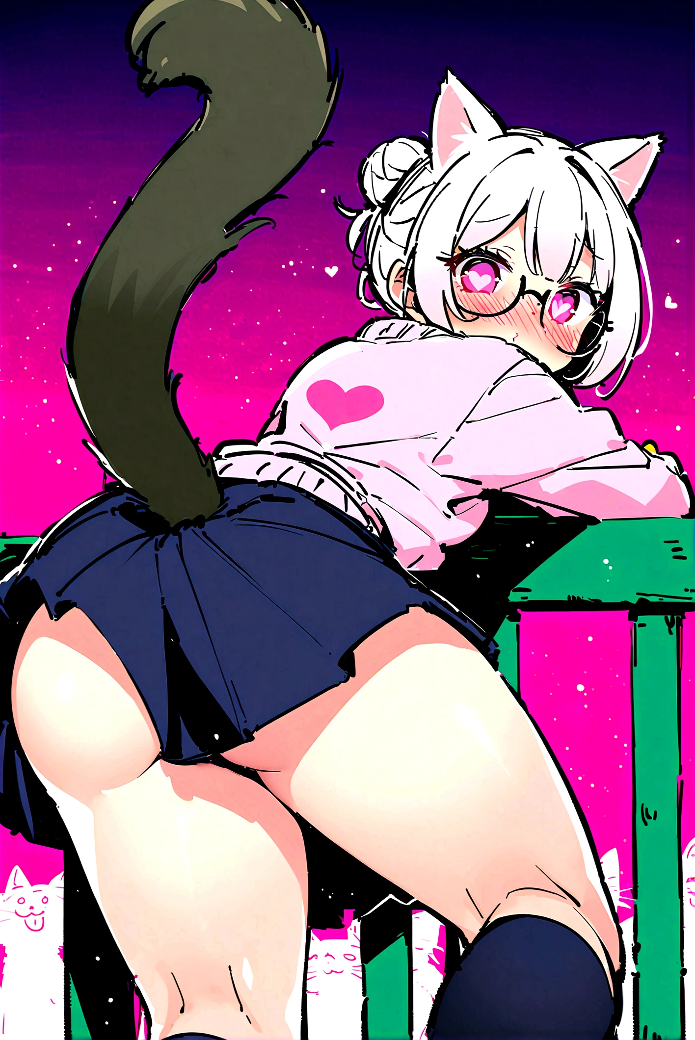 I have white pink hair, cat ears, a bun, my face is super blushing, black glasses, pink heart eyes, a big pink sweatshirt, a black skirt, black stockings, white shoes, a cat's tail, a girl. very shy I am on a fence with my back showing my butt