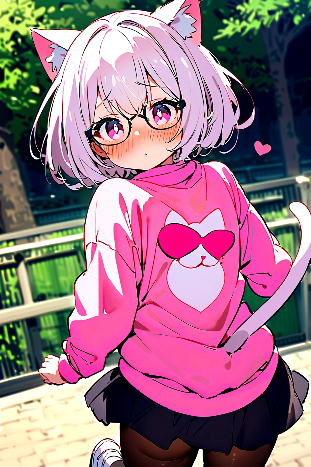 I have white pink hair, cat ears, a bun, my face is super blushing, black glasses, pink heart eyes, a big pink sweatshirt, a black skirt, black stockings, white shoes, a cat's tail, a girl. very shy I am on a fence with my back showing my butt
