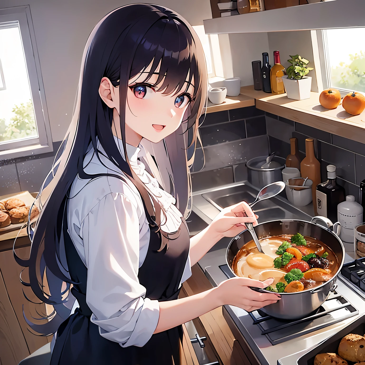 cooking, holding a ladle, look back, Realistic, real person, (pale skin: 1.2), RAW photo, photorealistic, shiny skin, shiny hair、(A 25-year-old woman with medium-length hair and bangs) and (wavy hair) and (brown hair) and (Orange Eyes) , (white) and (blouse) 、smile, open mouth、Alone、Are standing、kitchin