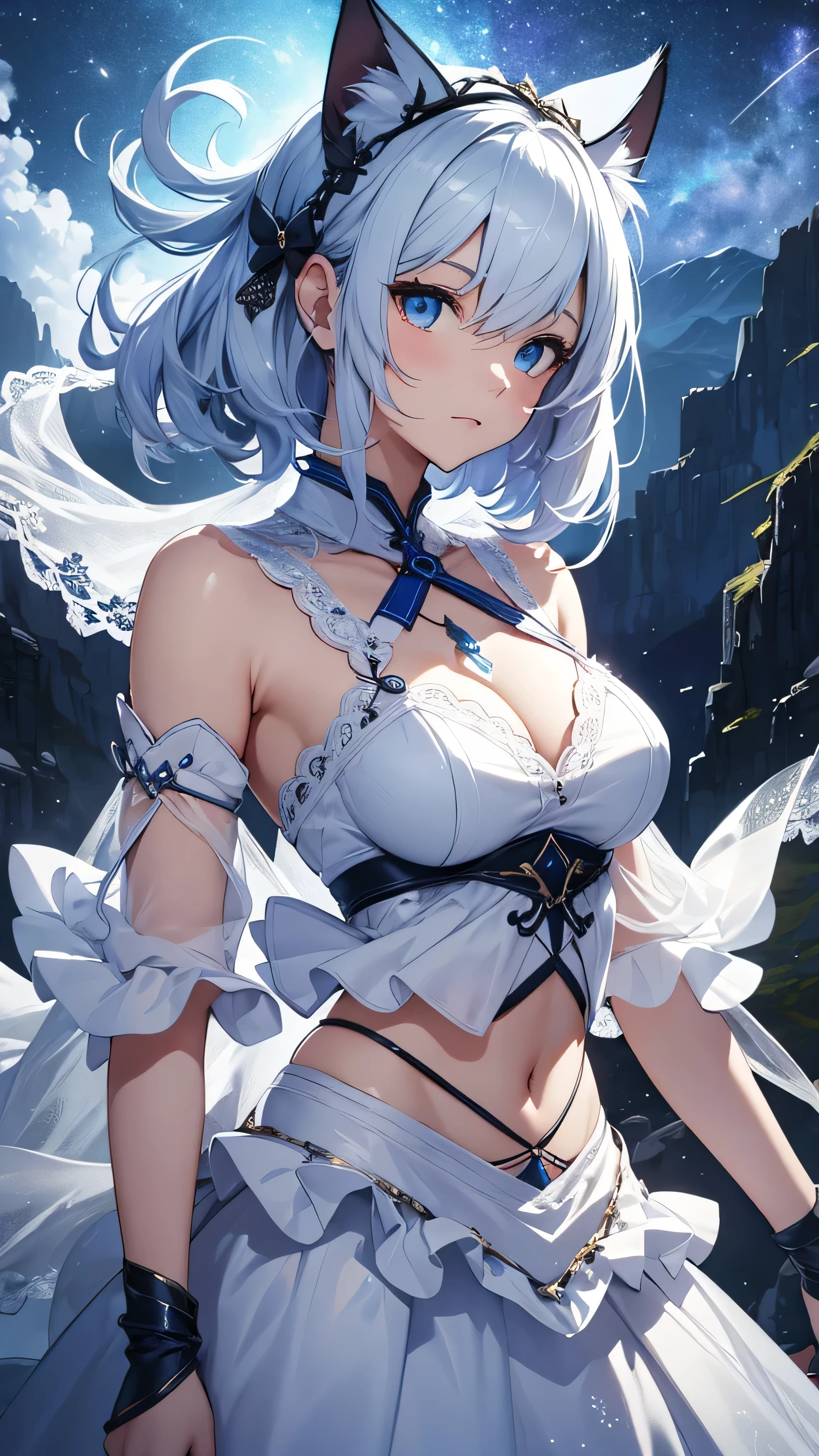 beautiful and delicate girl, clear and beautiful, Make your character the main point of view, glowing skin, female, 20 years old, Short hair, shortcut, Short hair, Beautiful and delicate glass hair, ((greek costume, 2 Costume colors, white background, blue 패턴)) ((Clothes color White background, blue 패턴)) ((Double color, White, blue)) ((Use only two colors of clothing, White, blue))beautiful and delicate eyes, orange eyes, moderate chest, orange eyes, real skin texture, Very nice 8KCG wallpaper, Very cool 8K CG wallpaper, Watercolor (middle), female warrior, light green hair, (((upper body cut))), (((Cat's ears dark 노란색))), (((dark, dark 밤, midnight))) (((nature background, mountain, wood))), ((outdoors)) Holding a sword and assuming a dynamic fighting stance