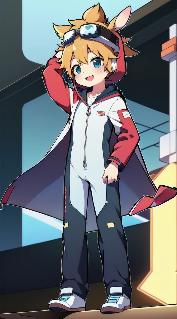 2D Shonen Shota,One-piece racing suit,Slim, healthy body,Put the headphones on your head,stand up,goggles,Rabbit ears,Happy,Sailor collar,tie,zipper,hood,Trench coat