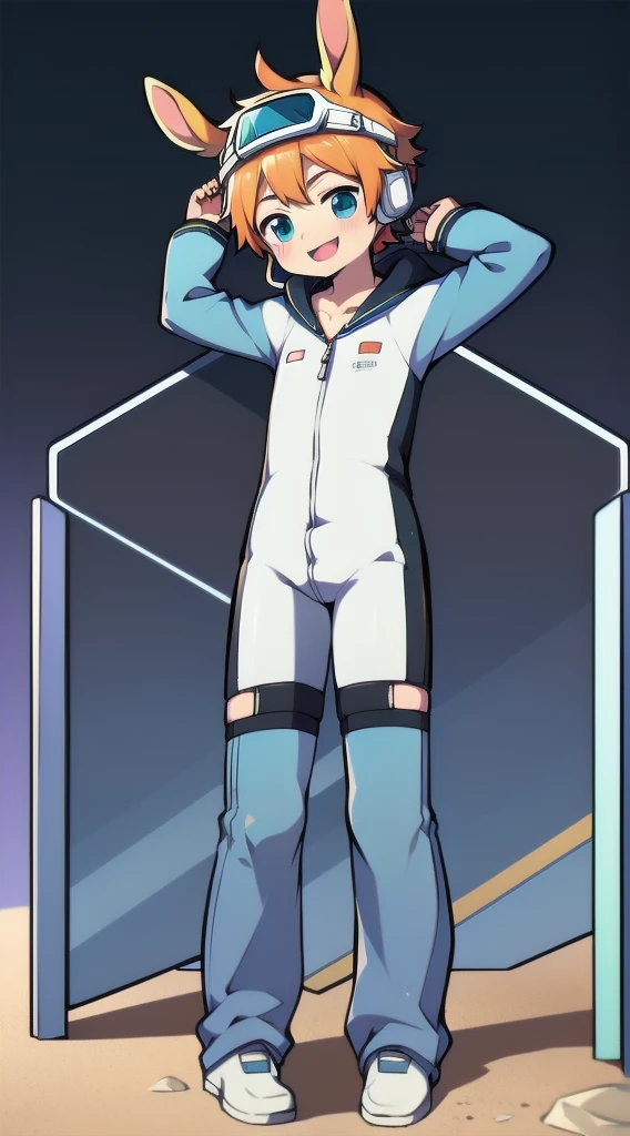 2D Shonen Shota,One-piece racing suit,Slim, healthy body,Put the headphones on your head,stand up,goggles,Rabbit ears,Happy,Sailor collar,tie,zipper,hood,Trench coat