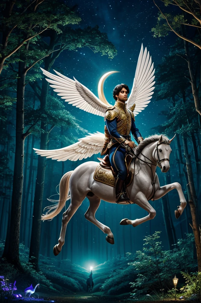 Prince riding a pegasus in a night forest