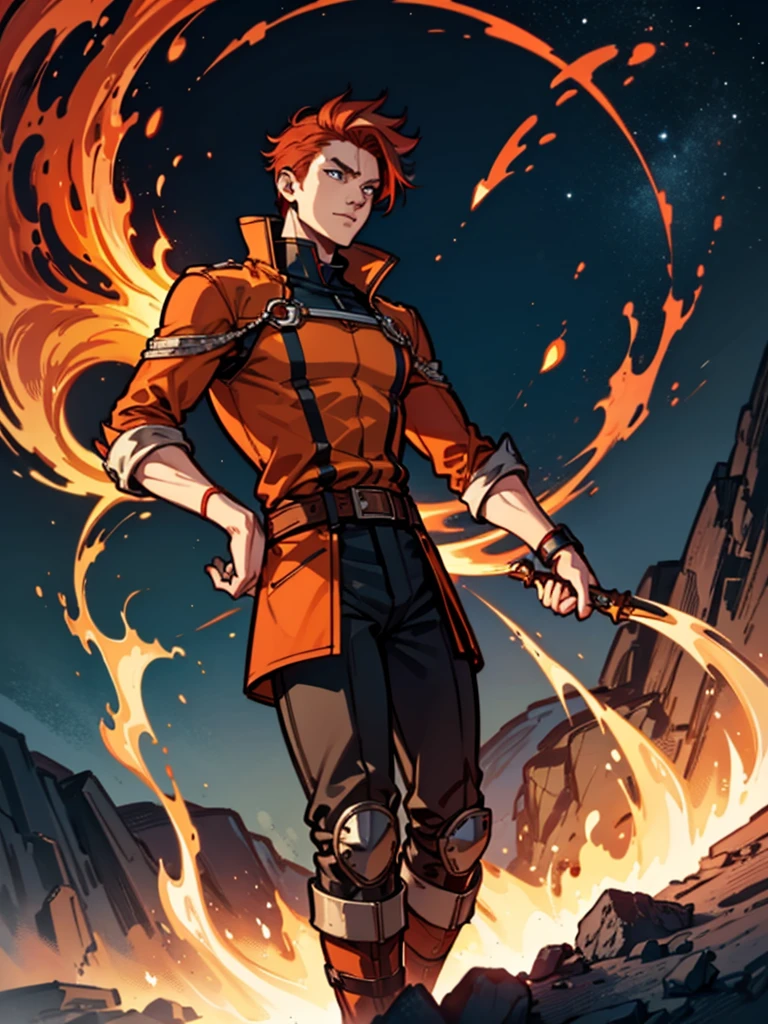 A young man，Red hair，flame，Cheerful，Sunlight，Orange clothes，brave，Fire Element，confidence，Standing，Ultra HD，Handsome，Mage