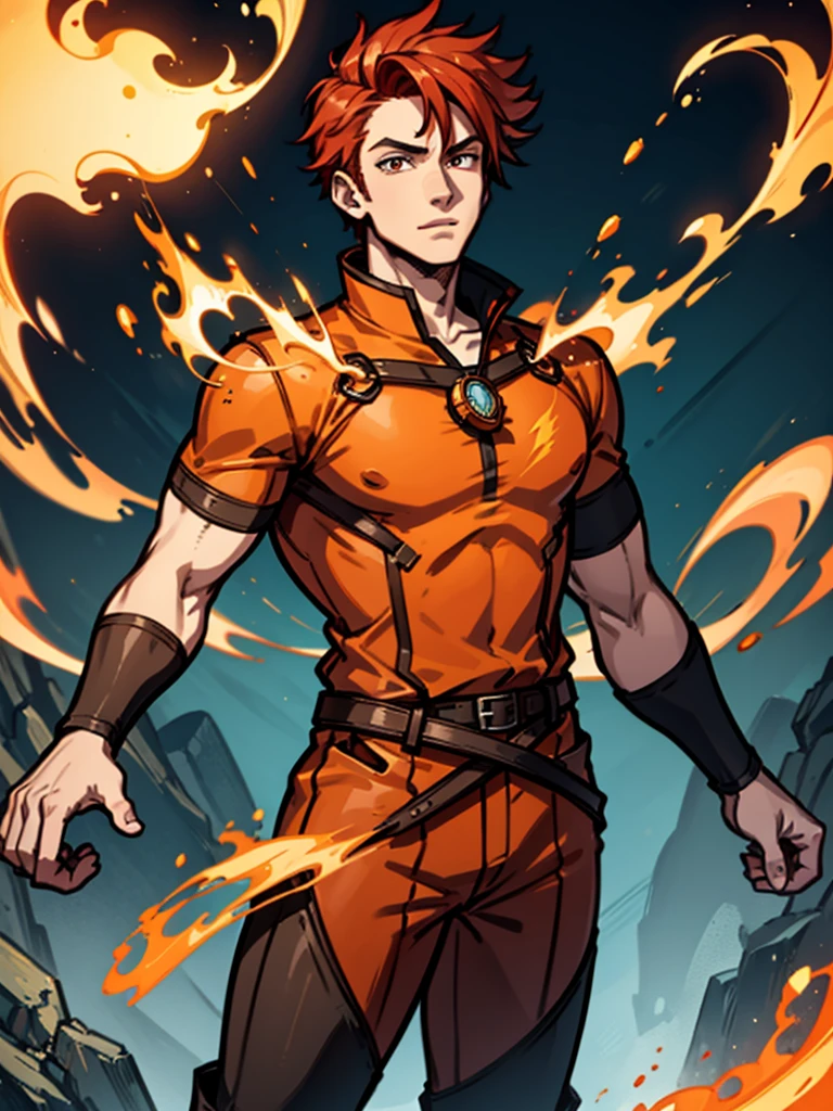 A young man，Red hair，flame，Cheerful，Sunlight，Orange clothes，brave，Fire Element，confidence，Standing，Ultra HD，Handsome，Mage