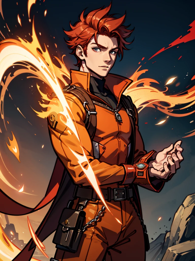 A young man,Red hair,flame,Cheerful,Sunlight,Orange clothes,brave,Fire Element,confidence,Standing,Ultra HD,Handsome,Mage
