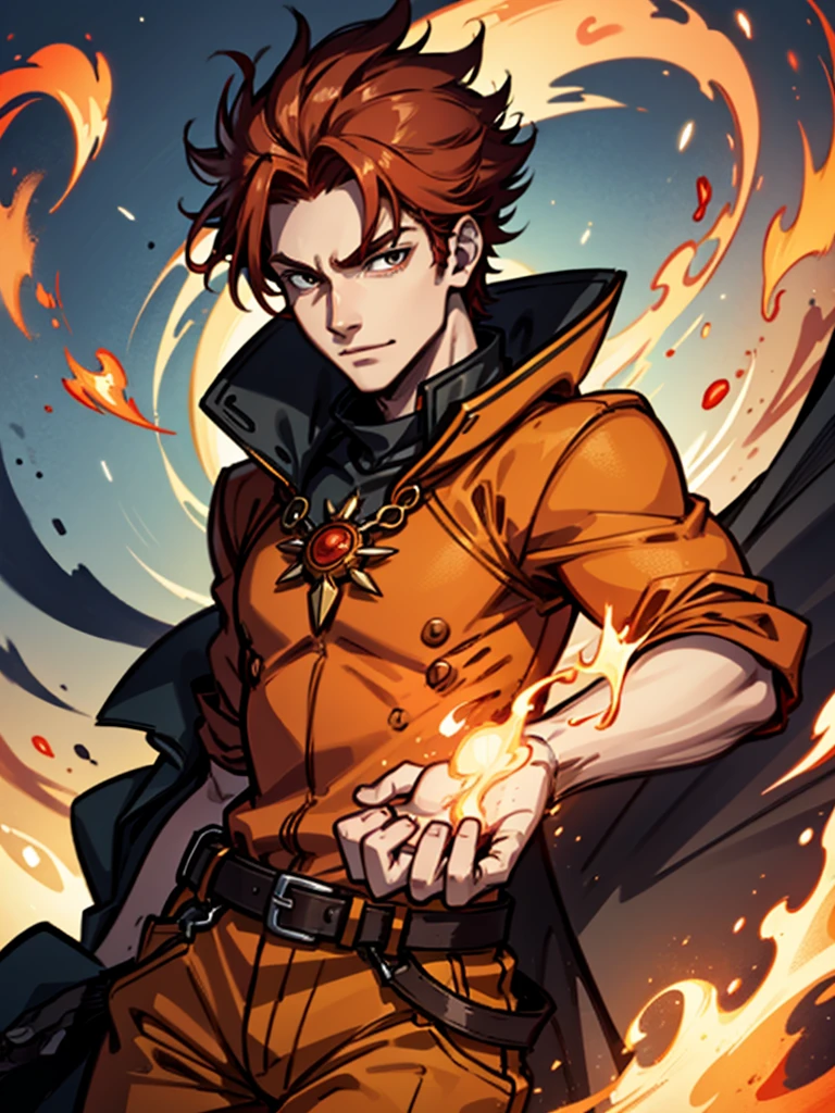 A young man,Red hair,flame,Cheerful,Sunlight,Orange clothes,brave,Fire Element,confidence,Standing,Ultra HD,Handsome,Mage