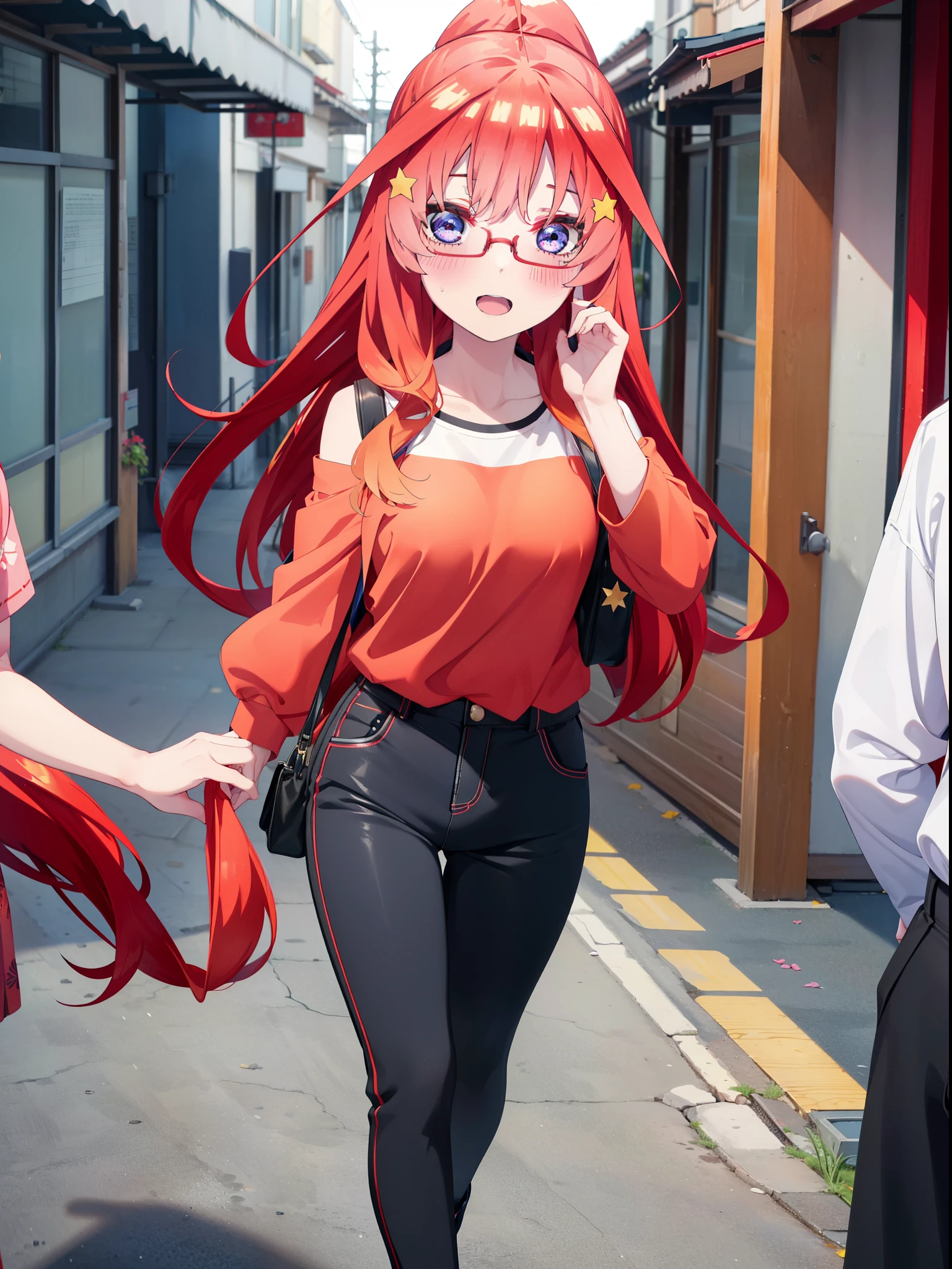 itsukinakano, itsuki nakano, bangs, blue eyes, Hair between the eyes, Ahoge, Redhead, star \(symbol\), hair ornaments, star hair ornaments,smile,blush,Open your mouth,ponytail,Red-rimmed glasses,Cold Shoulder Shirt,skinny pants,Stiletto heels,Walking,whole bodyがイラストに入るように,
break indoors, School,廊下
break looking at viewer, whole body,
break (masterpiece:1.2), Highest quality, High resolution, unity 8k wallpaper, (figure:0.8), (Beautiful attention to detail:1.6), Highly detailed face, Perfect lighting, Highly detailed CG, (Perfect hands, Perfect Anatomy),