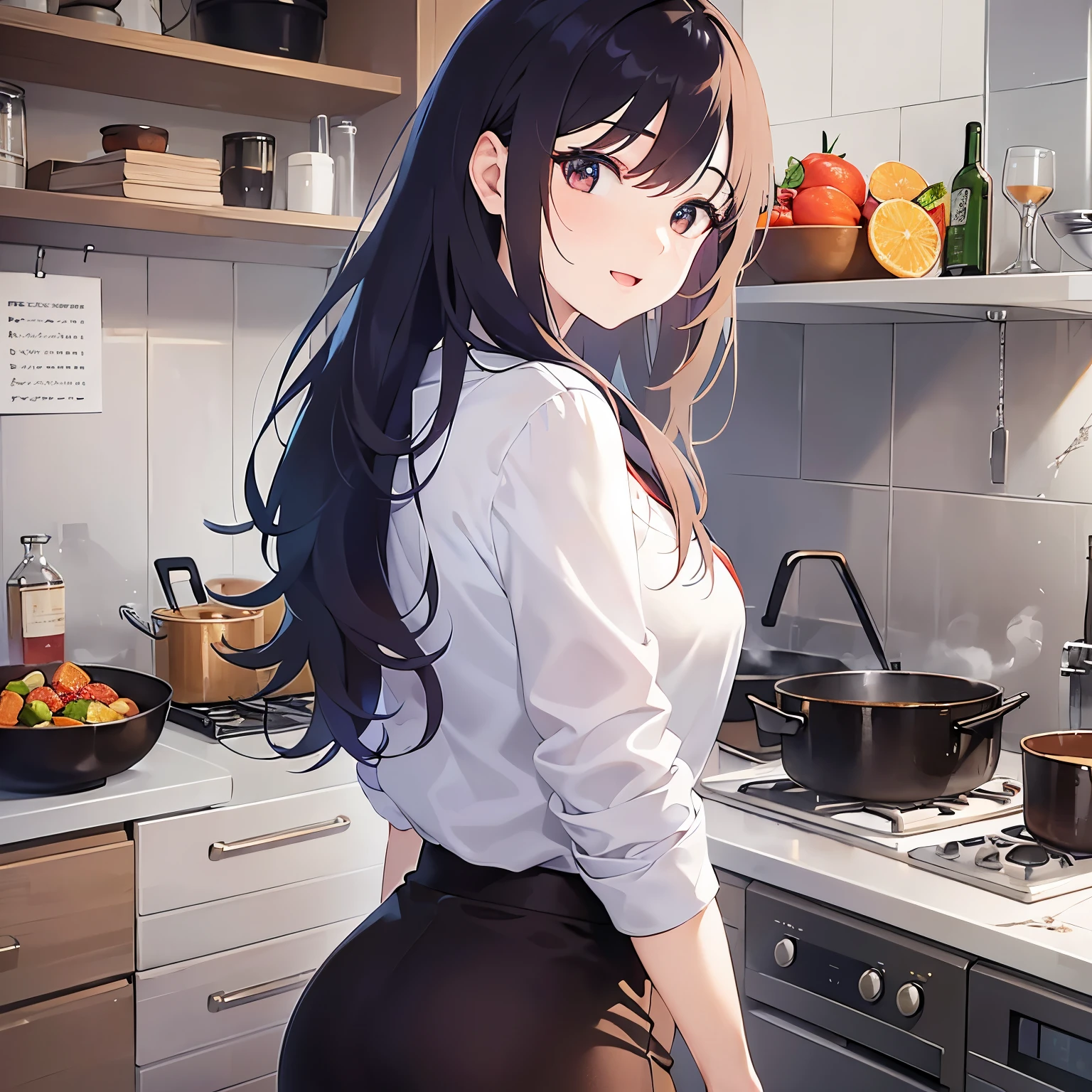 cooking, holding a ladle, look back, Realistic, real person, (pale skin: 1.2), RAW photo, photorealistic, shiny skin, shiny hair、(A 25-year-old woman with medium-length hair and bangs) and (wavy hair) and (brown hair) and (Orange Eyes) , (white) and (blouse) 、smile, open mouth、Alone、Are standing、kitchin