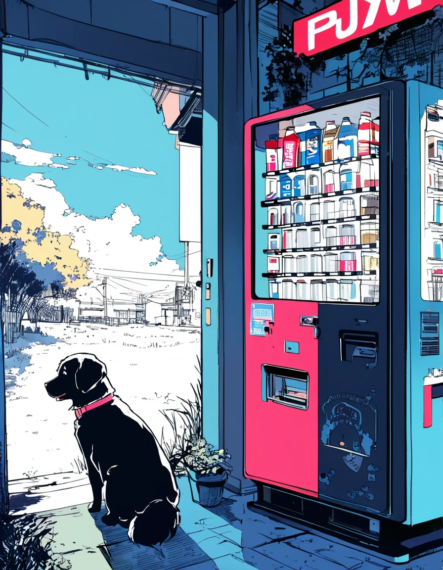 extremely clear 8K wallpaper, pop art, extremely beautiful scenery:1.3, absurdres, masterpiece, pixiv contest winner, by Posuka Demizu, Sketch of transparent manga girl drawn with white lines, She is leaning against a vending machine, a dog is sitting and looking at her., countryside midnight, blend of 3D photography and 2D line art, nostalgic atmosphere.