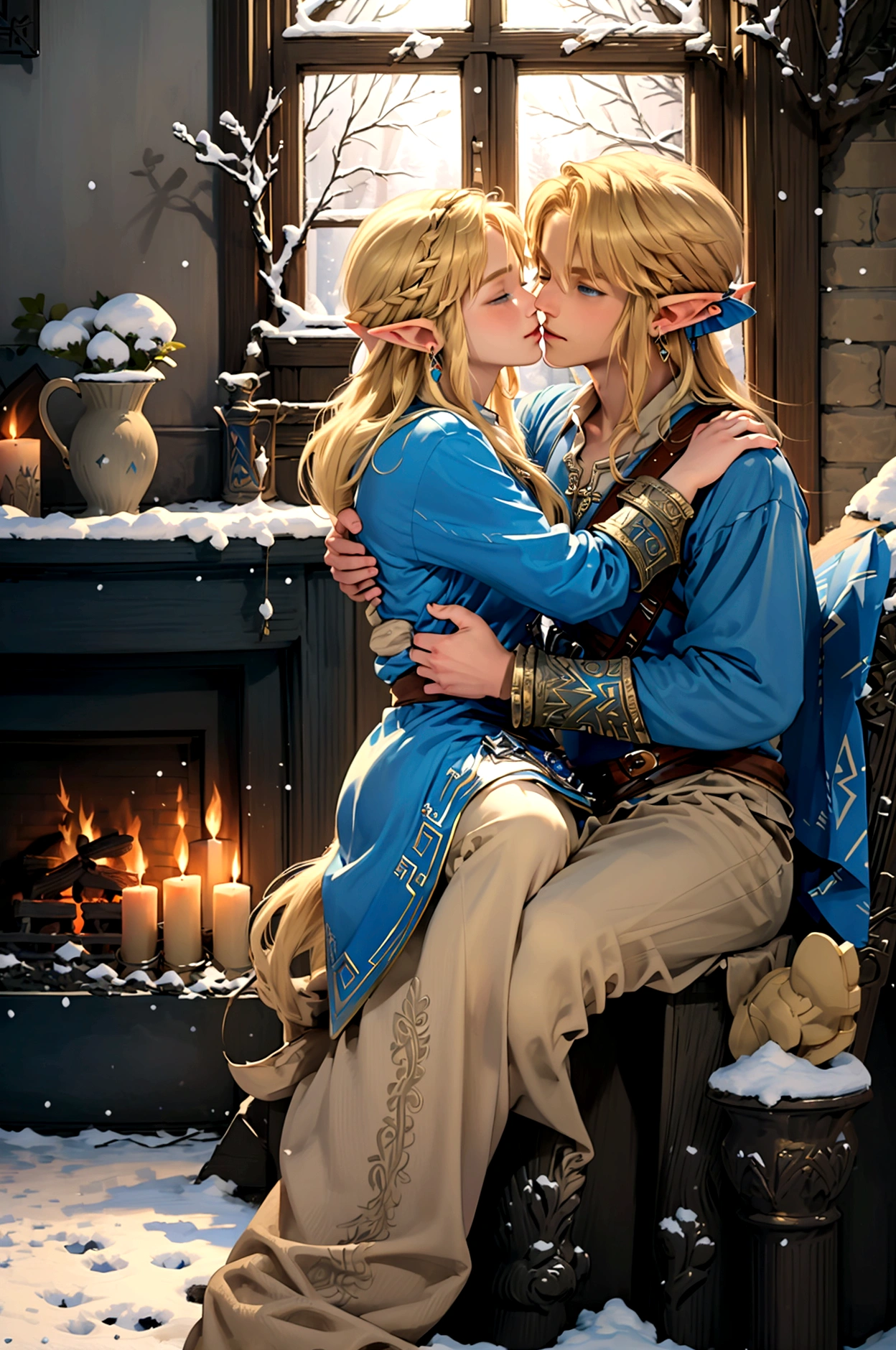 ((artwork)), (Highest quality), (detailed), ((1 boy)), (Link to the Legend of Zelda), smile, A short blonde, blue-eyed boy and a long-haired blonde girl are embracing each other in front of a fireplace、Snow outside the window、Embrace each other、kiss
