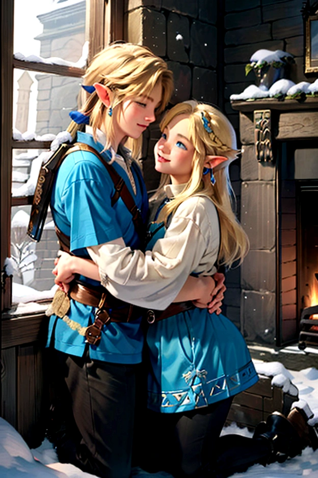 ((artwork)), (Highest quality), (detailed), ((1 boy)), (Link to the Legend of Zelda), smile, A short blonde, blue-eyed boy and a long-haired blonde girl are embracing each other in front of a fireplace、Snow outside the window、Embrace each other、kiss