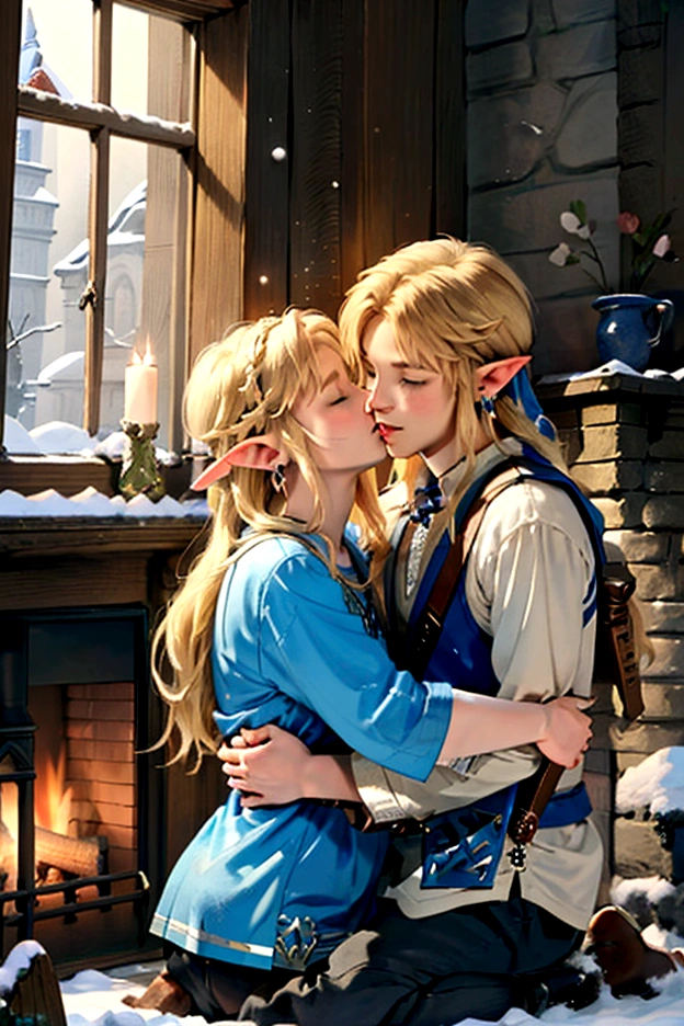 ((artwork)), (Highest quality), (detailed), ((1 boy)), (Link to the Legend of Zelda), smile, A short blonde, blue-eyed boy and a long-haired blonde girl are embracing each other in front of a fireplace、Snow outside the window、Embrace each other、kiss