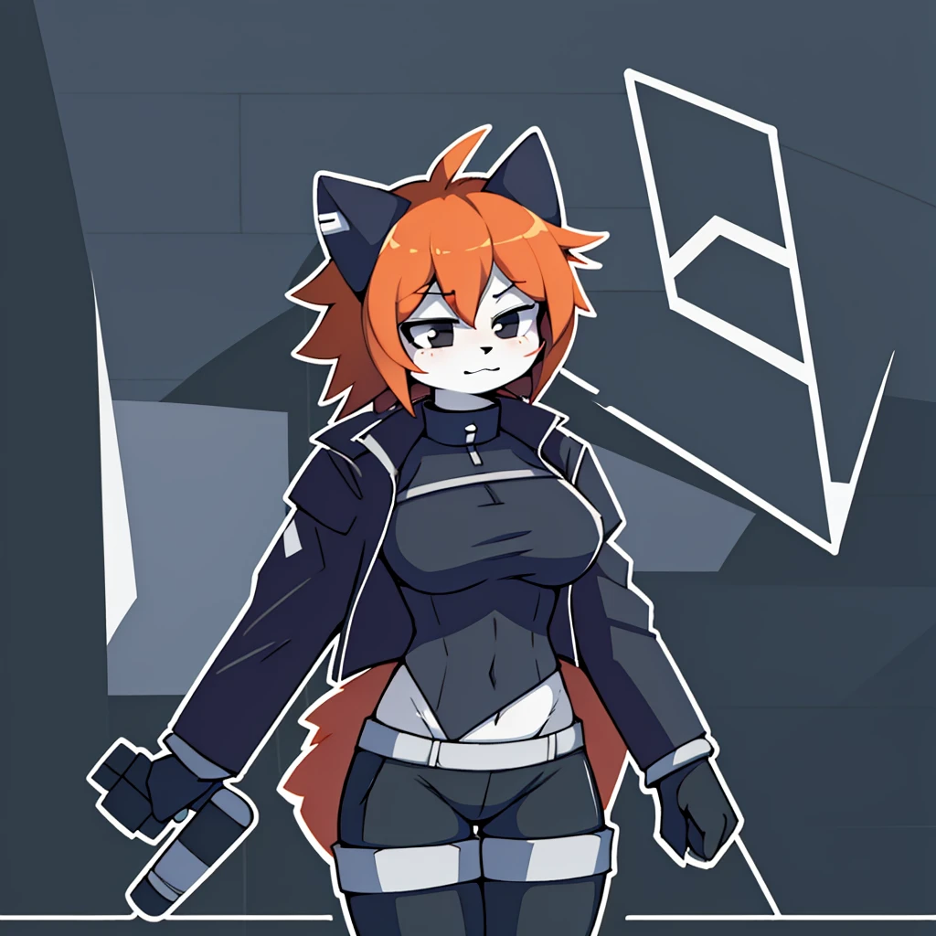 girl, red panda, furry, breasts, orange hair, disheveled, six pack, short hair, black eyes, black tights, gray winter jacket with details, alone