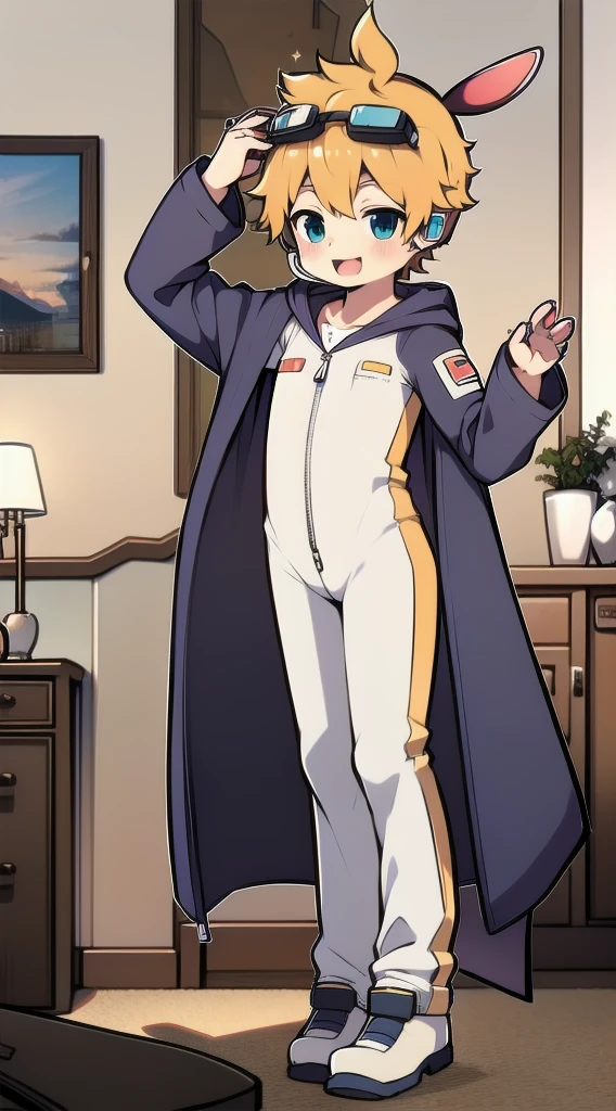 2D Shonen Shota，One-piece racing suit，Slim, healthy body，Put the headphones on your head，stand up，goggles，Rabbit ears，Happy，Sailor collar，tie，zipper，hood，Trench coat，living room