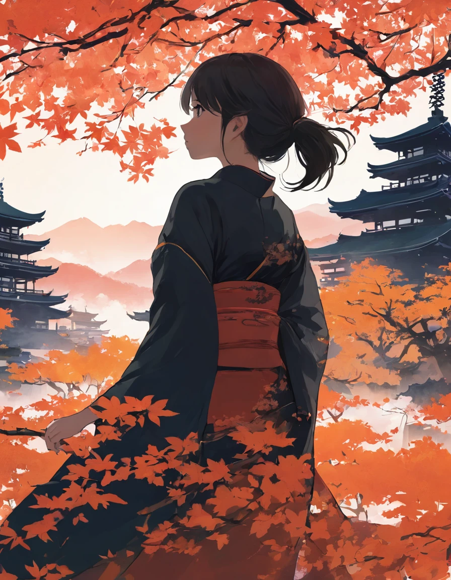 Silhouette of a girl, Lots of Japanese scenery , Modern Japanese Landscape, close, Double Exposure, No background、Please make the background color a single color with a gradient.、