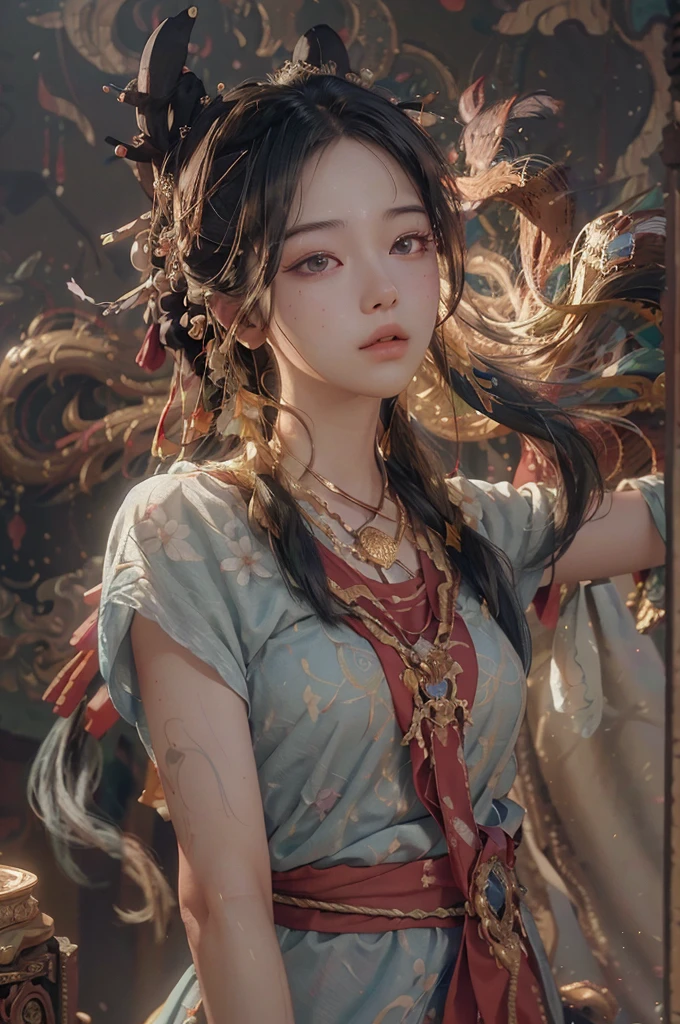(RAW photo, best quality), (realistic, photo-realistic:1.3),best quality,highly detailed,masterpiece,ultra-detailed,illustration,1girl,upper_body,dynamic angle,world masterpiece theater,messy_long_hair,best quality,extremely detailed CG unity 8k wallpaper,ink,Amazing,cinematic lighting,lens_flare, dunhuang_style