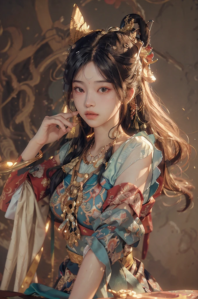 (RAW photo, best quality), (realistic, photo-realistic:1.3),best quality,highly detailed,masterpiece,ultra-detailed,illustration,1girl,upper_body,dynamic angle,world masterpiece theater,messy_long_hair,best quality,extremely detailed CG unity 8k wallpaper,ink,Amazing,cinematic lighting,lens_flare, dunhuang_style