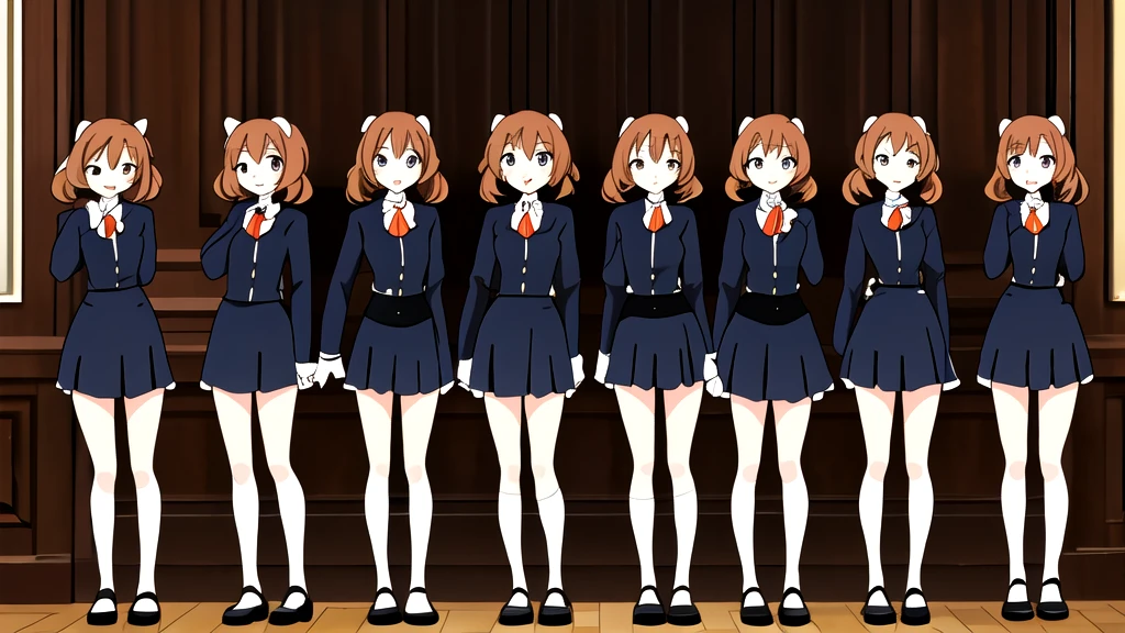 masterpiece, Highest quality, High resolution, 10+girl, crowd, Identical twin sisters, clone, An orderly line of sisters, An orderly line of sisters, Sisters in a row, uniform, Matching outfits, Long Hair, Curly Hair, ponytail, Matching hairstyle, Hazel Eyes, Brown Hair, Black tie, Blue Ribbon, Brown Skirt, salute, smile, indoor, Group shot, whole body, Panty shot, Black high heels