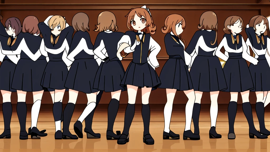 masterpiece, Highest quality, High resolution, 10+girl, crowd, Identical twin sisters, clone, An orderly line of sisters, An orderly line of sisters, Sisters in a row, uniform, Matching outfits, Long Hair, Curly Hair, ponytail, Matching hairstyle, Hazel Eyes, Brown Hair, Black tie, Blue Ribbon, Brown Skirt, salute, smile, indoor, Group shot, whole body, Panty shot, Black high heels