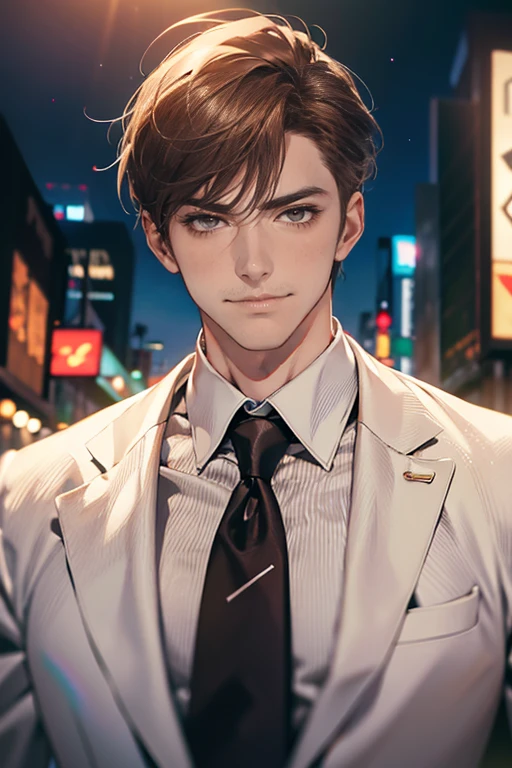 (tmasterpiece, high resolution, ultra - detailed:1.0), (1 male, masculine face, 31 years, CEO), Perfect male body, tall and strong, Adult male, Delicate eyes and delicate face, Extremely detailed CG, Unity 8k wallpaper, Complicated details, Detailed face, (short brown hair, short  hair, smile in love faces, blur eyes, white shirts,), (frown, smile in love:1.3), stad in corporativo, empresa, escritório style, color difference, Depth of field, dramatic shadow, Ray tracing, Best quality, Cinematic lighting, offcial art,Portrait