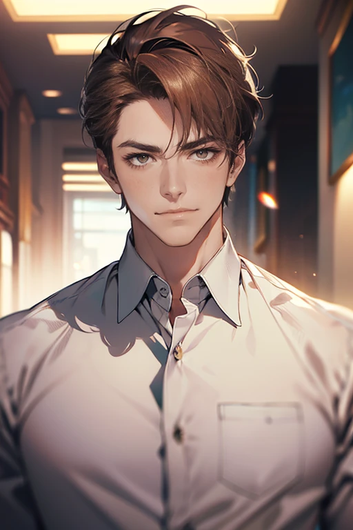 (tmasterpiece, high resolution, ultra - detailed:1.0), (1 male, masculine face, 31 years, CEO), Perfect male body, tall and strong, Adult male, Delicate eyes and delicate face, Extremely detailed CG, Unity 8k wallpaper, Complicated details, Detailed face, (short brown hair, short  hair, smile in love faces, blur eyes, white shirts,), (frown, smile in love:1.3), stad in corporativo, empresa, escritório style, color difference, Depth of field, dramatic shadow, Ray tracing, Best quality, Cinematic lighting, offcial art,Portrait